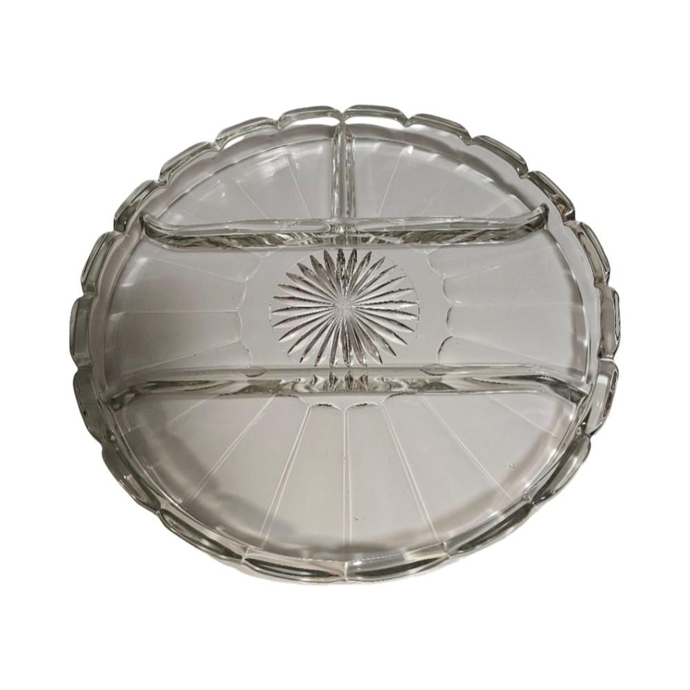 Vintage Indiana Glass relish tray in the Colonial Starburst Pattern